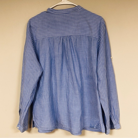 L.L. Bean Blue and White Striped Roll Tab Sleeve Cotton, Gathered Shirt, XL - Picture 3 of 8